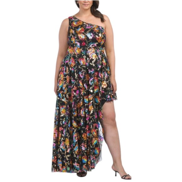 MAC DUGGAL Plus Sequin Embellished Asymmetrical Gown - Picture 1 of 6